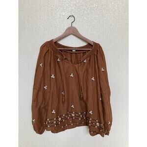 Old Navy Brown Peasant Blouse with White Floral Embroidery